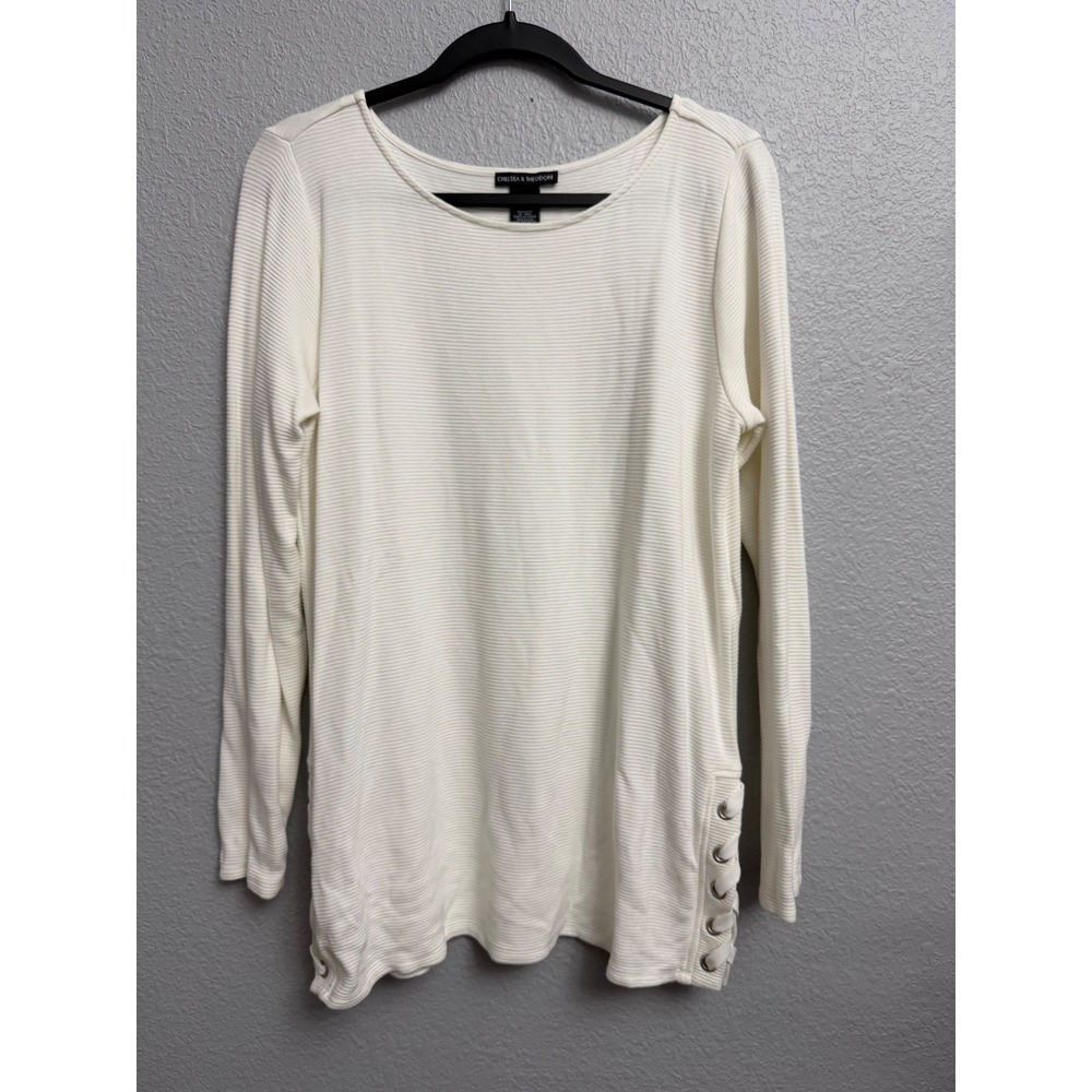 Chelsea & Theodore White Ribbed Long Sleeve Tunic Top Lace Up Grommet Large